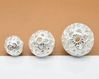 2 Sterling Silver Flower Round Beads, 925 Silver Hollow Ball Beads, Shiny Spacer Beads, Bracelet Bead, Necklace Bead 6mm 8mm 10mm