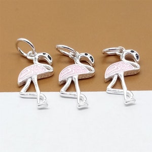 4 Sterling Silver Pink Flamingo Charms w/ Enameled, Small Flamingo, Animal Charm, 925 Silver Flamingo Charm, Bracelet Charm, Necklace Charm