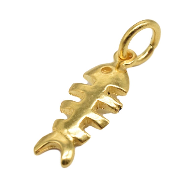 2pcs 18K Gold Vermeil Style Fish Bone Charms 925 Sterling Silver Fish Bone Charm with Heavy 18K Gold Plated Cat Charm Fish Necklace Charm