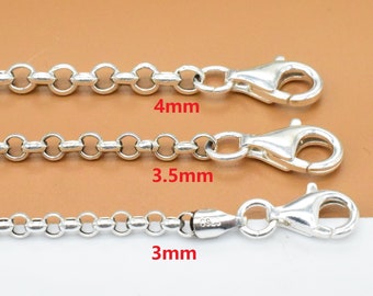 Sterling Silver Rolo Necklace Chain w/ Lobster Clasp, 925 Silver Oxidized Belcher Chain, Rolo Chain Necklace 3mm 3.5mm 4mm, 18 to 38 inches