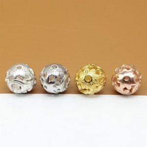 4 Sterling Silver Flower Round Beads, Gold Plated Floral Ball Bead, Rhodium Plated Flower Bead, 925 Silver Hollow Bead for Bracelet Necklace