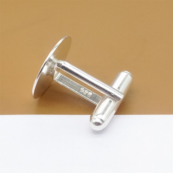 Sterling Silver Plain Cufflinks with 16mm Flat Bezel Cup Setting, 925 Silver Cufflinks Findings, Round Cufflink Cuff Link Jewelry