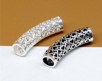 Sterling Silver Love Heart Curve Tube Bead, Curved Tube Beads, Bracelet Large Hole Tube Beads
