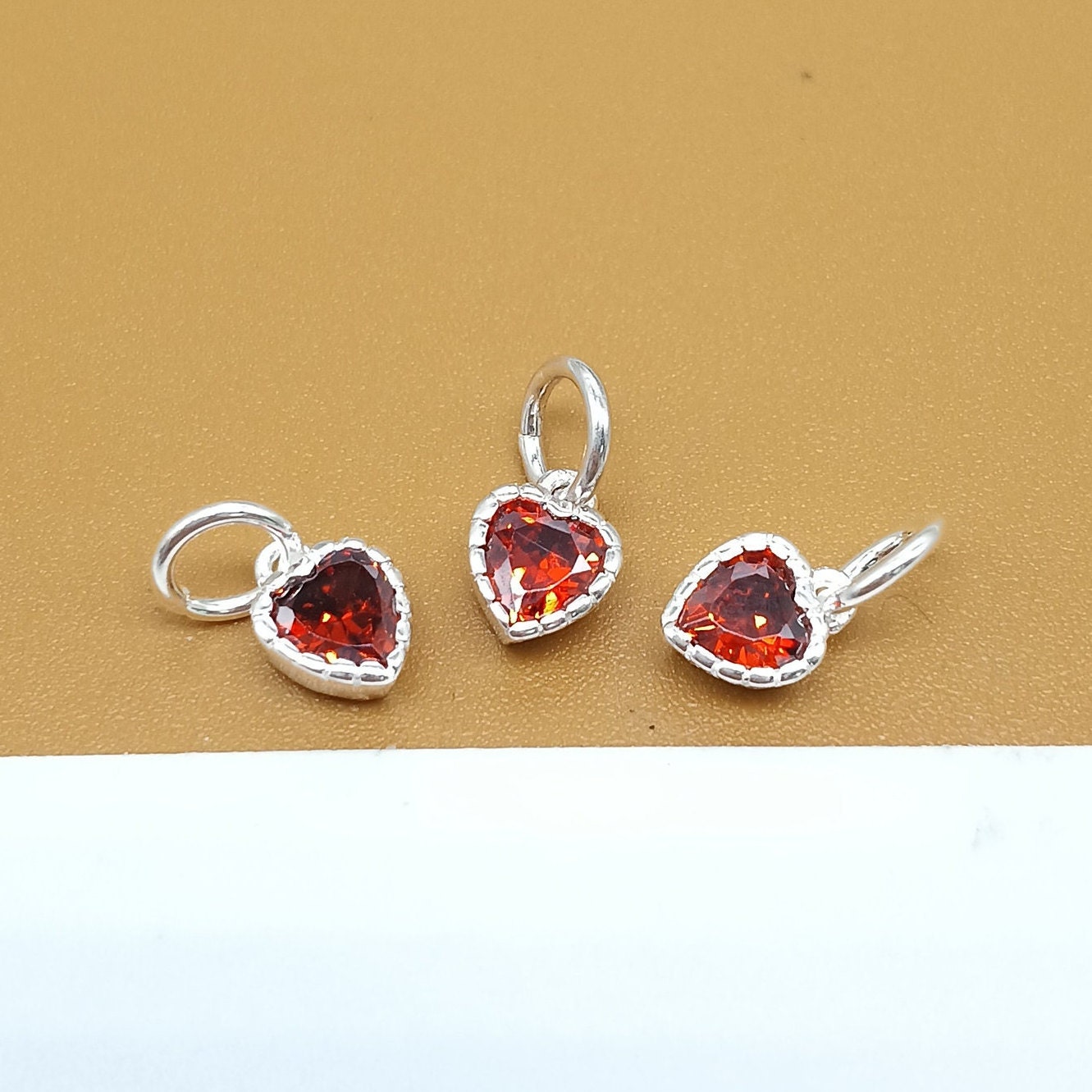 5 Sterling Silver Love Heart Charms with CZ, 925 Silver Heart Charms, Red Heart Charm, Bracelet Charm, Necklace Charm, Valentines Charm