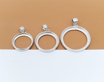 Sterling Silver Round Bezel Pendant Setting with Rhodium Plated, 925 Silver Pendant Bezel Setting, Cabochon Setting, Fit 12mm to 40mm