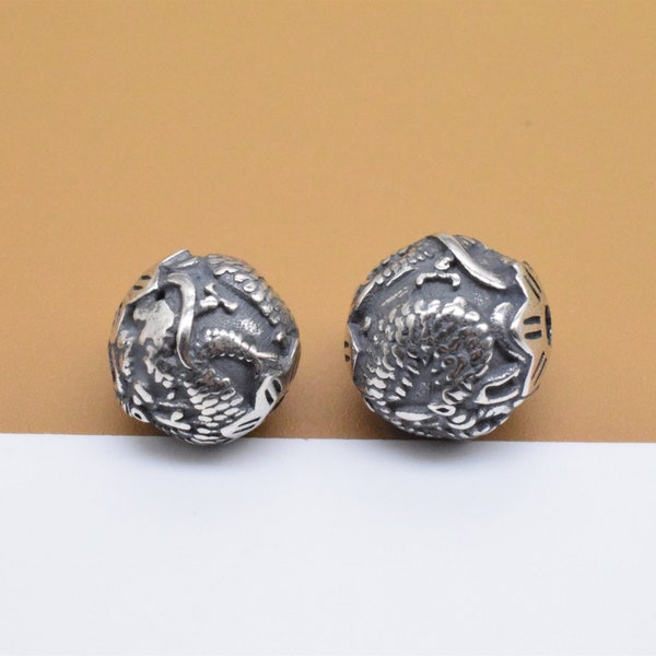 Sterling Silver Dragon Bead, 925 Silver Dragon Bead, Oxidized Dragon Flower Bead, Ball Bead Spacer, Bracelet Bead, Necklace Bead 11mm 12mm