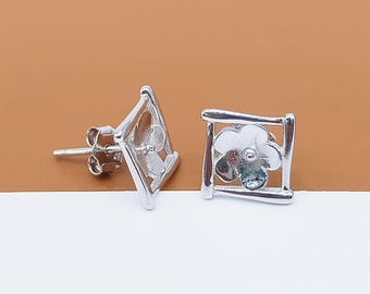 Blumen-Ohrring aus Sterlingsilber mit Peg-Cup für halb gebohrte Perlenperle, 925er Silberohrstecker rhodiniert, passend für 6-8 mm Perlen