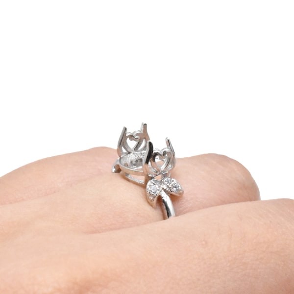 Sterling Silber Ring Einstellung Rhodiniert mit Liebe Herz Design CZ, 925 Silber Ring Blank, Damen Ring, verstellbare Ring-Einstellung, Passform 7-8mm