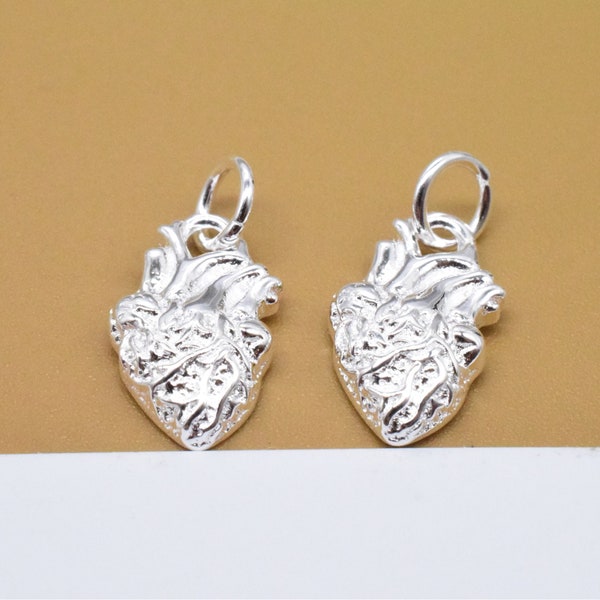 2 Sterling Silver Heart Organ Charms, 925 Silver Human Heart Charm, Shiny Heart Small Pendant, Anatomy Charm, Necklace Charm, Bracelet Charm