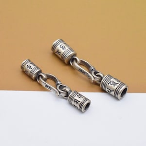 スターリングシルバーOMコードエンドキャップ2個、925シルバーOm mani padme humレザーコードエンドキャップ、フック留め具付き仏教エンドキャップコネクタ
