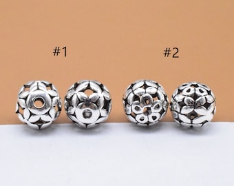 2 Sterling Silver Plum Flower Round Beads, 925 Silver Five Petals Flower Bead, Round Bead, Pear Flower Bead, Bracelet Bead, Necklace Bead