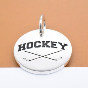 Sterling Silver Hockey Charm Deep Engraved, 925 Silver I Love Hockey Charm, Personalized Disc Charm for Necklace, Coin Pendant 15mm 0.59&quot;