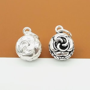 Sterling Silver Rose Bell Charm, 925 Silver Small Flower Pendant, Flower Charm, Round Jingle Bell Charm, Bracelet Charm, Necklace Charm 10mm