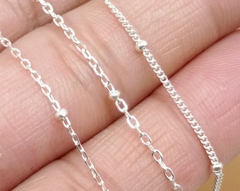 Sterling Silver Satellite Chain, Bulk Curb Chain, Cable Chain w/ Beads, Unfinished Chain, 925 Silver Satellite Chain 1.3mm 1mm