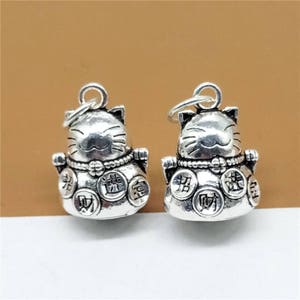 2 Sterling Silver Fortune Cat Bell Type Charm, Sterling Silver Cat Bell Charm, 925 Silver Cat Bell Charm, Lucky Cat, Bell Charm