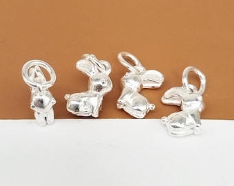 2 dijes de conejo 3D de plata de ley, dije de conejo brillante de plata 925, colgante de animal pequeño, dije de conejo de Pascua, dije para pulsera, dije para collar