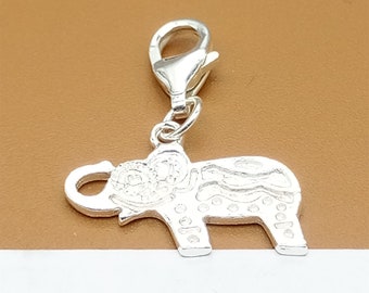 Elefant Charm, Elefant Clip Charm, 925 Silber Elefant Anhänger mit Clip On Karabiner Verschluss für Armband Halskette