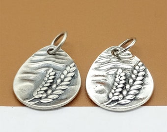 2 Sterling Silver Wheat Charms, 925 Silver Wheat Drop Charm, Harvest Charm, Paddy Charm, Wheat Ear Leaves Plant Charm for Bracelet Necklace