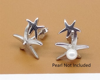 Sterling Silver Starfish Earring Post Rhodium Plated, 925 Silver Stud Earring Cup Peg for Half Drilled Pearl Bead, Sea Earring
