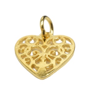 14K Gold Vermeil Style Hollow Heart Charm, Filigree Charm, 14K Gold Plated over 925 Sterling Silver Love Heart Charm for Necklace
