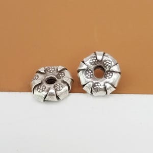 4 Karen Hill Tribe Silver Flower Imprint Beads 2-Sided, Thai Karen Tribe Silver Donut Bead, Higher Silver Content than 925 Sterling Silver