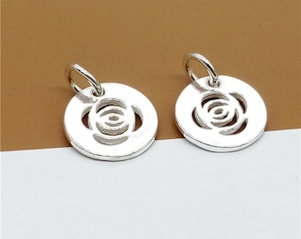 5 Sterling Silver Hollow Rose Disc Charms 2 Sided, 925 Silver Rose Flower Circle Charms, Diameter 11mm