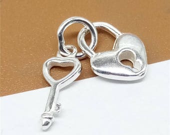 2 Sterling Silver Tiny Lock Key Charms 2-Sided for Necklace Bracelet, 925 Silver Lock and Key Charm, Key Love Heart Lock Charm Pendant