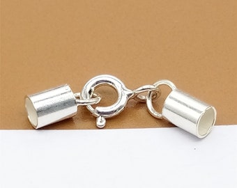 10 Sterling Silver Leather Cord End Cap Connectors, 925 Silver Cord End Caps with Spring Ring Clasp for Bracelet, Inside Hole 0.7mm to 5mm