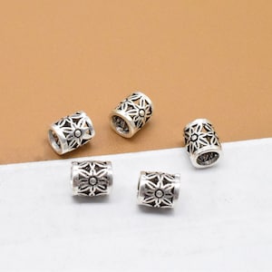 10 Sterling Silver Daisy Flower Tube Beads, 925 Silver Flower Barrel Bead, Floral Spacer Bead, 3mm Hole Bead, Bracelet Bead, Necklace Bead
