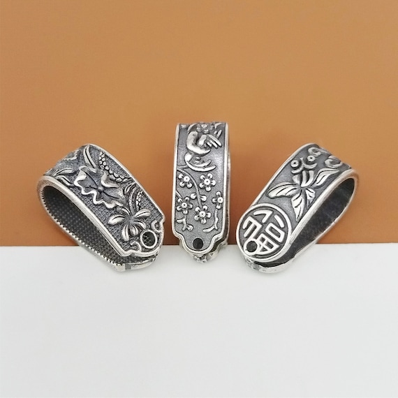 Sterling Silver Large Open Pinch Bail, 925 Silver Large Pendant Bail, Louts Design, Flower and Bird Design, Good Fortune Fish, Necklace Bail