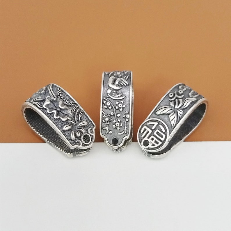 Sterling Silver Large Open Pinch Bail, 925 Silver Large Pendant Bail, Louts Design, Flower and Bird Design, Good Fortune Fish, Necklace Bail image 1