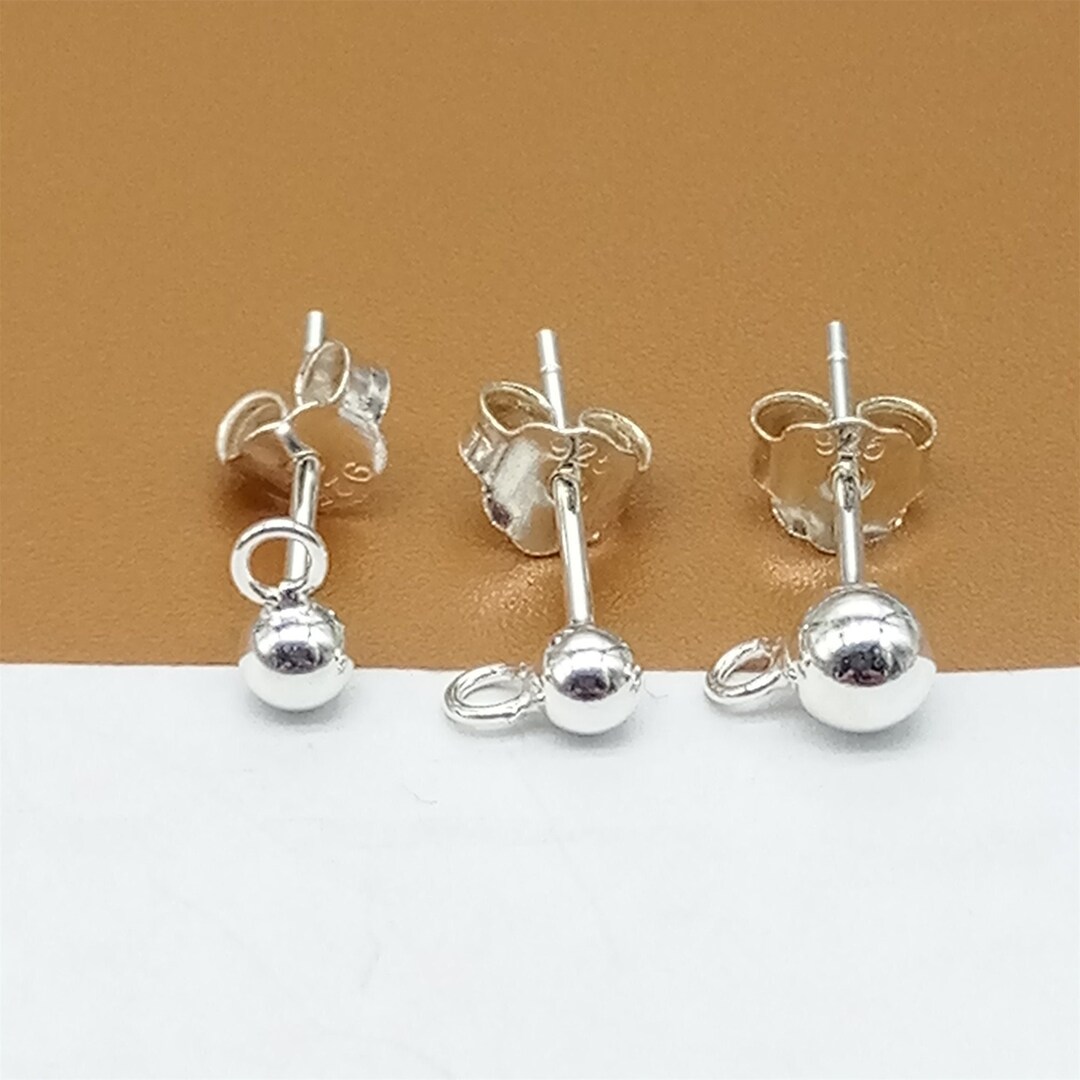 10 Pairs Sterling Silver Ball Earring Posts With Closed Jump Ring, 925