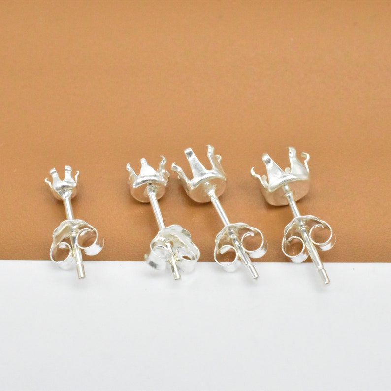 10 Pairs Sterling Silver Claw Earring Setting w/ Backs, 925 Silver Claw Earring Posts, 6 Prongs Post Earring, Faceted Stone Earring Setting image 2