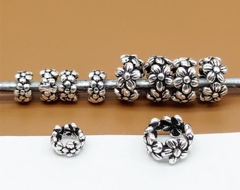 10 perles de fleurs en argent sterling, perles florales en fleurs, perles de fleurs en argent 925, perles d’espacement de bracelet, perles de collier