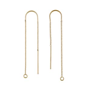 May include: A pair of gold-toned chain earrings with a simple, minimalist design. Each earring features a curved wire with a dangling chain and a small, round loop at the bottom.