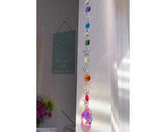 Rainbow Chakra Moon Star Sun-catcher with octagon beads & crystal prism rainbow maker - perfect for holistic room yoga meditation Pride gift