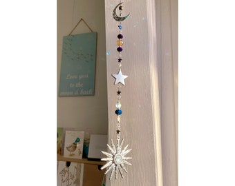 Handmade Sun, Moon & Stars ‘Sunburst’ Hanging Charm, Gift, Astronomy, Galaxy, Celestial, Planets, Cosmos, Universe, Rainbow, Sun-catcher