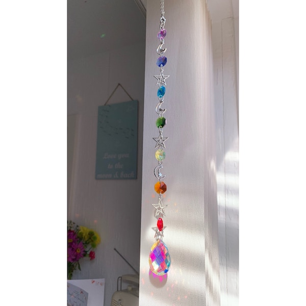 Rainbow Chakra Moon Star Sun-catcher with octagon beads & crystal prism rainbow maker - perfect for holistic room yoga meditation Pride gift