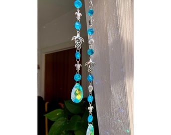 Turtle sun-catcher with rainbow crystal prism - sun sand sea theme turtles shells suncatcher