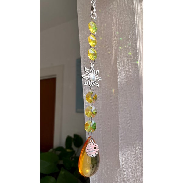 You are my sunshine suncatcher - made with sun charms, yellow crystal octagons & crystal prism special gift  hanging charm rainbow maker