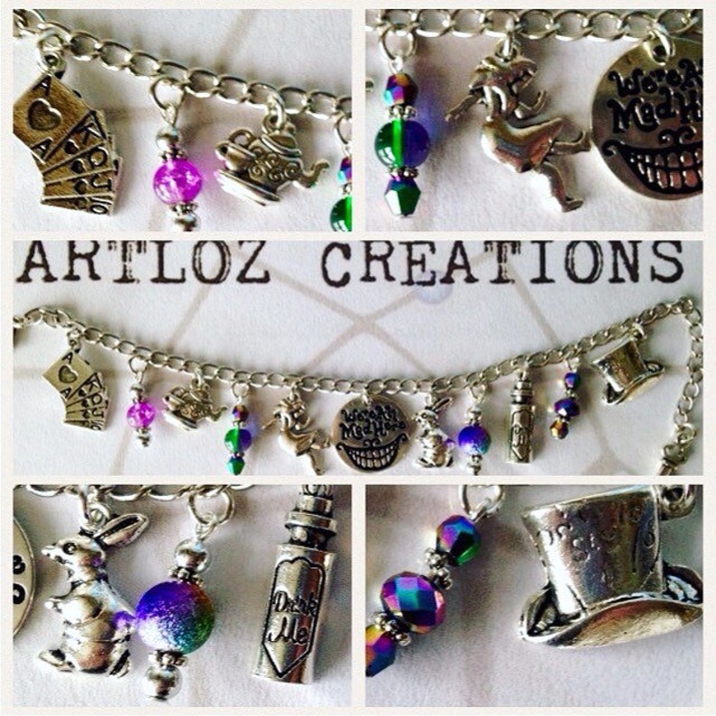 8 tibetan silver Alice in Wonderland charms Alice cards rabbit Cheshire cat