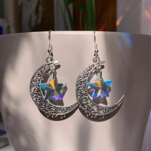 Handmade Tibetan Silver Cresent Moon Earrings -  choice of Crystal Star or Moon - celestial, galaxy, lunar, stars, astronomy - gift for her