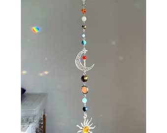 Silver Planets Sun Moon Star Suncatcher Beaded Hanging Charm - Astronomy, Galaxy, Celestial, Cosmos, Universe, Solar System Space