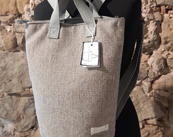 handmade backpack, beige, brown, handles, anti-theft pocket, 32x43cm