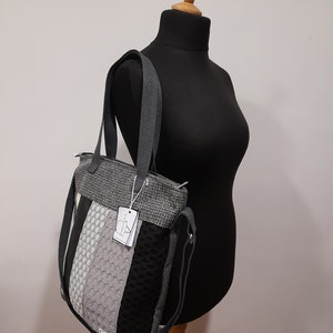 handmade bag, black and white, three-handle tote, zipper closure image 2