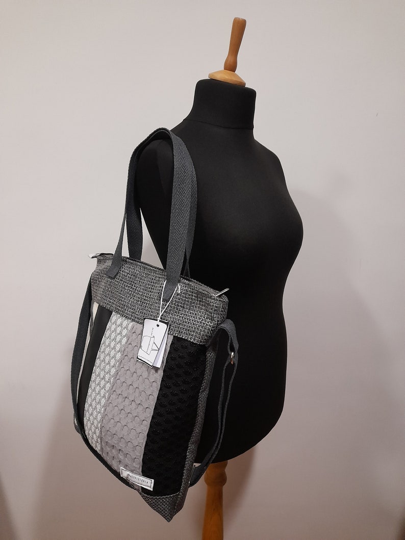 handmade bag, black and white, three-handle tote, zipper closure image 2