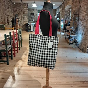 Handmade tote bag, gingham, red, comic, black and white, unique piece, 42x44cm