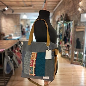 Handcrafted bag, blue, red, mustard, three handles, zipper closure, unique piece, 37x40cm