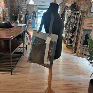 Grand sac basique fait main, mélange de tissus, bleu, pièce unique, fermeture magnétique, deux anses, 39 x 46 cm