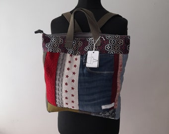 large backpack, handmade, patchwork, unique piece, security pocket, handles